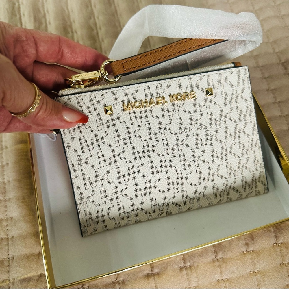 Michael Kors White and Tan Karla Wristlet